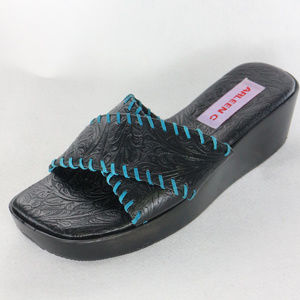 New ARLEEN C Paisley PAIR Embossed Leather Wedge Sandals Sz 8 US Wmn
